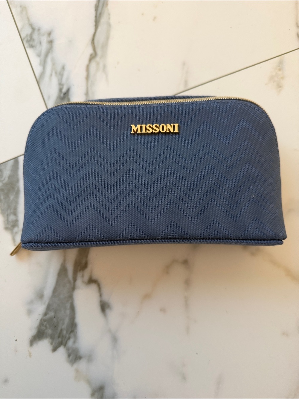 Missoni Blue Chevron Gold Zip Travel Pouch with Gold Logo